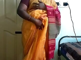 desi  indian horny tamil telugu kannada malayalam hindi cheating wife vanitha wearing orange impulse saree  showing beamy boobs and shaved pussy press hard boobs press nip rubbing pussy tongue-lashing
